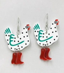 Chicken Earrings, Hen Earrings, Handmade Earrings, Pink Hen Earrings, White Hen - Picture 1 of 1