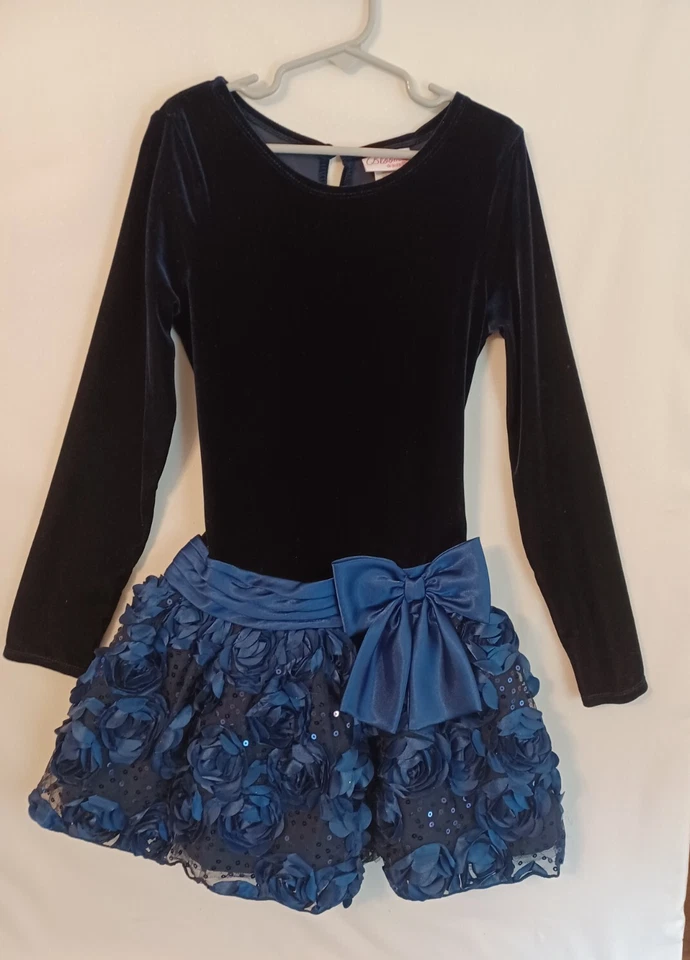 Vestido de fiesta de terciopelo azul marino/azul BLOOME DE JEUNE FILLE TALLA 10 con lentejuelas/rosas costaba $56 Foto 1 de 4
