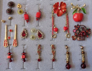 Red Earrings Pin Lot 11 Pc Dangle Art Glass Convertible Rhinestone Enamel Signed - Picture 1 of 11