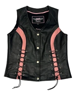 UNIK Premium Ladies Leather Motorcycle Vest - Black & Pink - Size Small - Picture 1 of 13