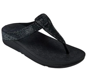 Sandalias FitFlop Negras Estrás ISABELLE Tanga Puntera Cuña NUEVAS - Imagen 1 de 9