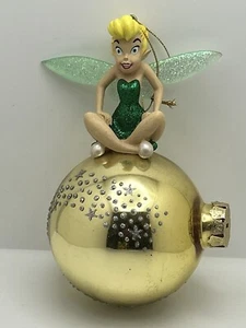 Disney FIGURAL TINKERBELL Sitting on Gold BALL ORNAMENT Glitter - Picture 1 of 4