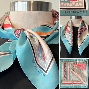 JONES NEW YORK Pale Blue 100% Silk Twill Spots & Zig Zag Print Scarf 52cmx 52cm - Picture 1 of 8