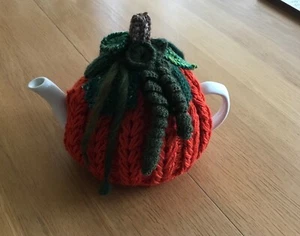 Handmade Knitted Pumpkin Tea Cosy for a standard tea pot (crocheted leaves) - Picture 1 of 3