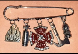 Kilt Pin Brooch 5 Silver Tone Charms FIRE DEPT FIREFIGHTER AXE HYDRANT - Picture 1 of 1