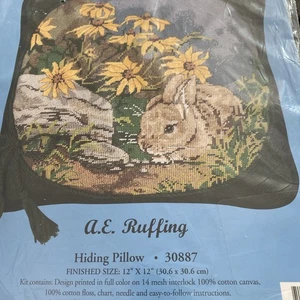 Vintage Candamar A.E. RUFFING Bunny Flowers HIDING PILLOW Needlepoint Kit New - Picture 1 of 2