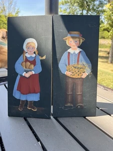 Vintage Hand Painted Folk Art Wooden Amish Boy and Girl Signed Plaque Wall Decor - Picture 1 of 8