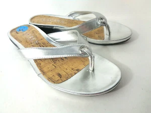 Sandalias de tacón de cuña RALPH LAUREN Kira plateado 6,5 m de cuero sintético con correa en T - Imagen 1 de 7