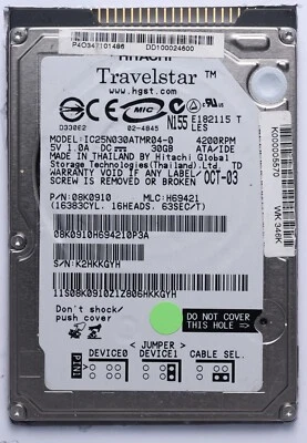 Hitachi Travelstar 30GB IDE 2.5" Laptop HDD Model IC25N030ATMR04-0 P/N: 08K0910 - Image 1 of 2