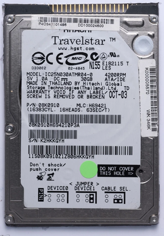 Hitachi Travelstar 30GB IDE 2.5" Laptop HDD Model IC25N030ATMR04-0 P/N: 08K0910 - Image 1 of 2