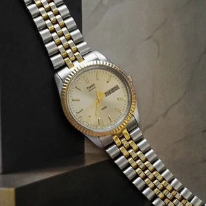 Vintage TIMEX 34mm Oyster Style Day Date 2 Tone Quartz Watch Case France - Picture 1 of 13