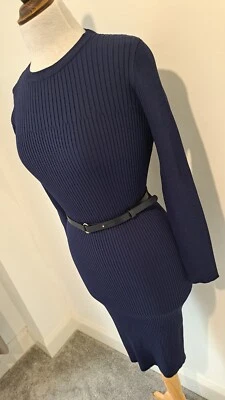 KAREN MILLEN - Navy Blue Long Sleeve Knit Effect Knee Length Jumper Dress Size M - Image 1 of 4
