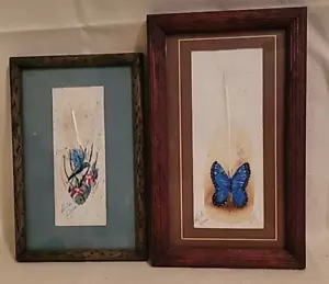 2 Vintage Costa Rica Gemälde auf Feder gerahmt signiert Kolibri & Schmetterling - Bild 1 von 22