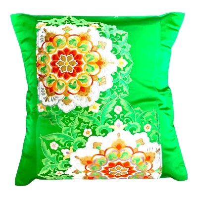 Funda de Almohada Obi Kimono Japonés Brillante 18" Hecha a Mano/Verde/Flor F/S 319 Foto 1 de 4