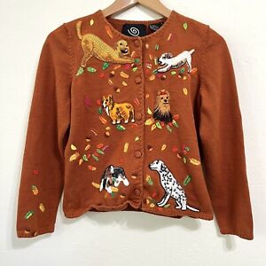 Michael Simon Orange Autumn Embroidered Dog Cardigan Sweater S