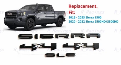 4PCS Matte black Bed 4x4 Rear Sierra SLE Emblems 2019+ Sierra 1500 2500HD 3500HD - Image 1 of 4