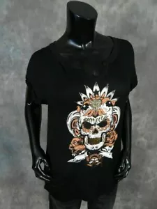 Womens Black Short Sleeve Shirt Liberty Wear Slouchy Fit Sugar Skull with Stones - Picture 1 of 4