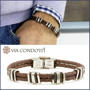 Bracciale da uomo in pelle intrecciata Marrone e acciaio regolabile braccialetto - Imagen 1 de 6