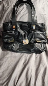 Michael Kors "Beverly" Large Black Leather Gold Hobo Satchel Tote Bag - Picture 1 of 13