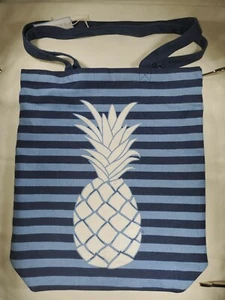 Talbot's Pinapple and stripes  Canvas Tote blue 16.5 × 4" - Picture 1 of 4