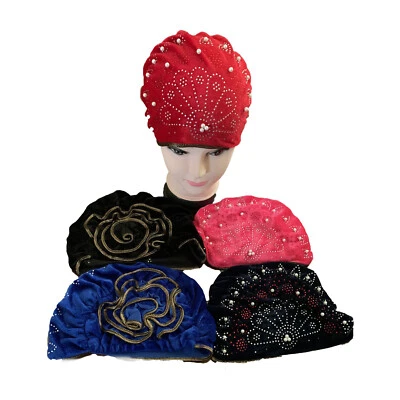 Nueva Moda Mujer Terciopelo Estrás Hiyab Turbante Flor Sombrero Negro Rojo Rosa Azul Marino Foto 1 de 4