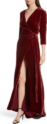 NUEVO CON ETIQUETAS L’Agence Mujer Rosalind Terciopelo Envolvente Maxi Vestido Talla 4 Borgoña Abertura Frontal Foto 1 de 4