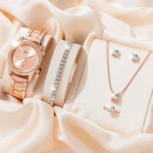 6 Pcs Rose Gold Geneva Crystal Boyfriend Wrist Pendant Ring & Bracelet Set Women - Picture 1 of 4