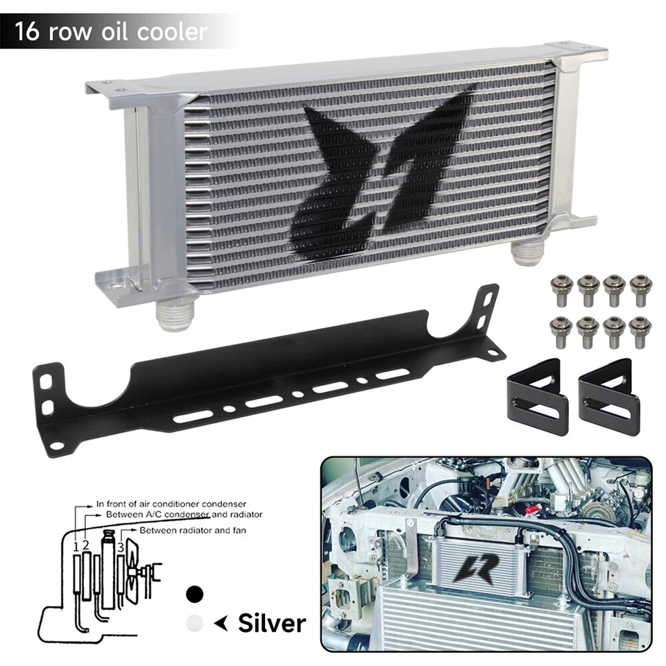 16 Row Stacked Plate Oil Cooler Aluminium AN10 Universal+Mounting Bracket Silver - Image 1 of 4