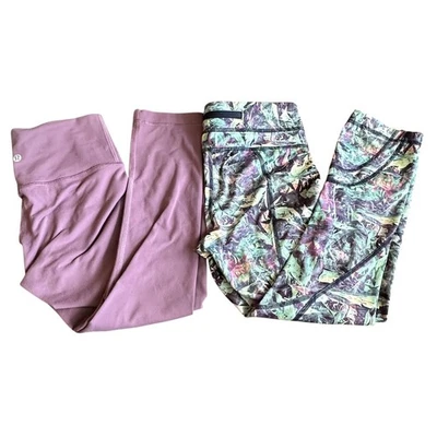 Leggings Lululemon pacote tamanho 4 roxo e verde estampa abstrata conjunto de 2 leggings - Imagem 1 de 4