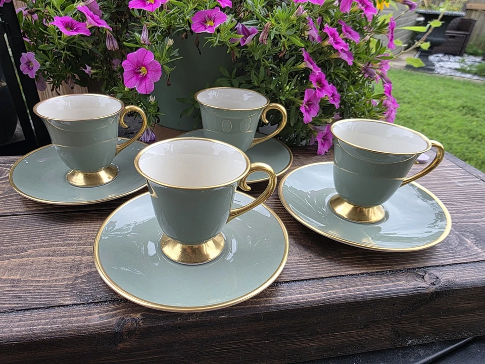 Sylvan-California Sage Green/Goldby Flintridge. Conjunto vintage de 4. Copos/pires - Imagem 1 de 4
