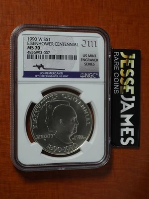 1990 W $1 SILVER EISENHOWER COMMEMORATIVE DOLLAR NGC MS70 MERCANTI SIGNED MES - Image 1 of 2