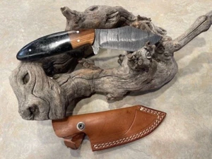 Custom Made Ceramic & Wood Handle Damascus Steel hunter knife leather sheath - Picture 1 of 3