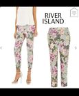 River Island Ladies Grey Mix Floral Print Retro Smart Cigarette Trousers 12 New
