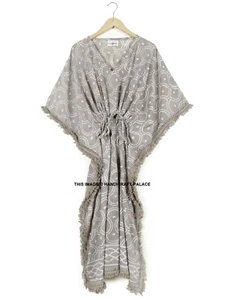 Anokhi Cotton Kaftan Hand Block Printed Indian Gown Kimono Boho Hippy Maxi Dress - Picture 1 of 3