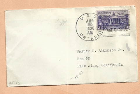U.S.S.  ONTARIO AUG 25,1938 AMERICAN SAMOA  NAVAL COVER Cover