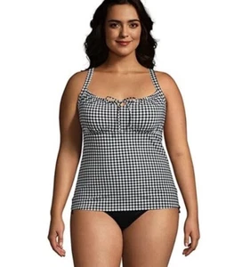 Lands End NEW 12 Swim Tankini Top Underwire Black Gingham UPF 50 Tie Front - Picture 1 of 6