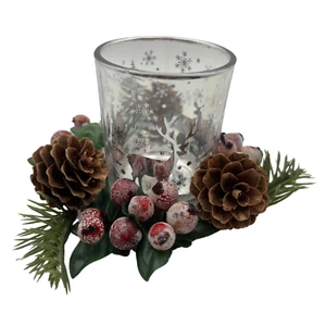 Handmade Glass Tealight Holder with glittery tree, deer and rustic wreath - Picture 1 of 1