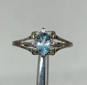 Vintage AVON Sterling Silver Blue Topaz Pink CZ Filigree RING Size 9 - Picture 1 of 8