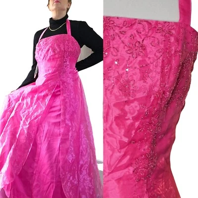 90s Y2K Pink Irridescent Ebelloshed Beaded Halter Prom Dress Pink Size 14 Barbie - Image 1 of 4