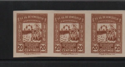 Venezuela: 1946; Scott C219, strip of 3 imperforated, MNH, revolution, EBV1127 - Image 1 of 2