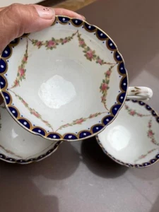FORD & POINTON ENGLAND X3 EDWARDIAN ANTIQUE TEA CUPS PINK ROSE BLUE GOLD TRIM - Picture 1 of 14