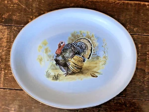 Piatto da portata vintage Skytone Homer Laughlin ceramica del Ringraziamento tacchino blu - Foto 1 di 1