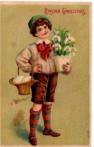 Vintage Postcard Post 1910 Flint Mich Easter Greetings Boy Basket  flower art - Picture 1 of 2