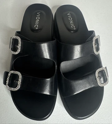 Women's VIONIC Capitola Crystal Black Leather Platform Strap Sandal Size 8 - Image 1 of 4