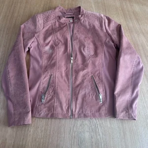 New Directions Blush Pink Faux Suede Moto Jacket S Zip Front Stretch Panels - Picture 1 of 4