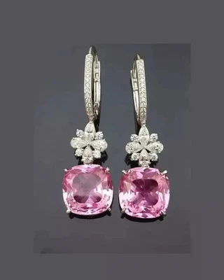 3Ct Cushion Cut Lab Created Sapphire Drop Dangle Earrings 14k White Gold Plated - Image 1 of 4