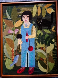 Vintage Framed Needlepoint Picture FOLK ART GIRLw Black Cat & Doll - Picture 1 of 15