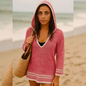 Tommy Bahama Linen Cotton Hood Cover Up S Pink White Knit Pullover Beach Sweater - Picture 1 of 9