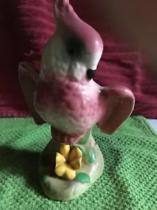 Vintage Pink Cockatoo Cockatiel 6.5" Bird Figurine w/Yellow Flower Ceramic - Picture 1 of 4