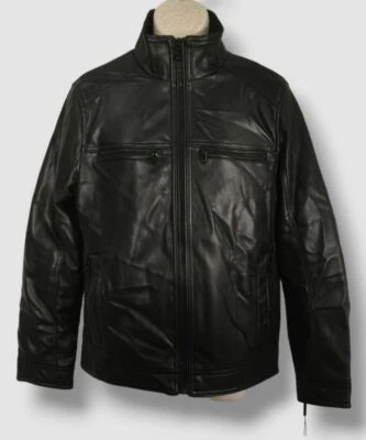 $227 Calvin Klein Men's Black Faux Leather Full-Zip Moto Coat Jacket Size S - Image 1 of 4